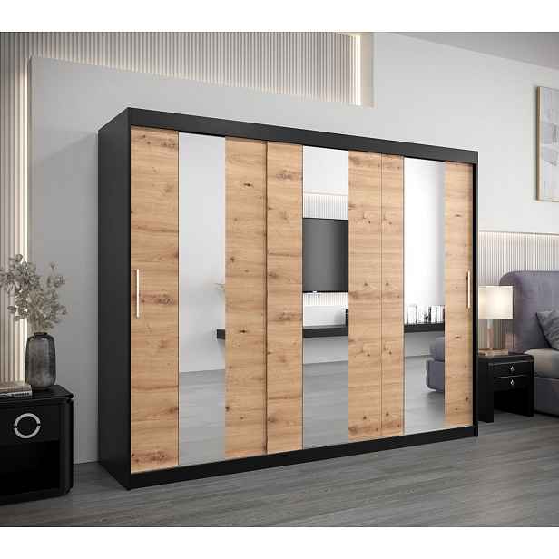 Skříň s posuvnými dveřmi DORA - šířka 250 cm, černá / dub artisan