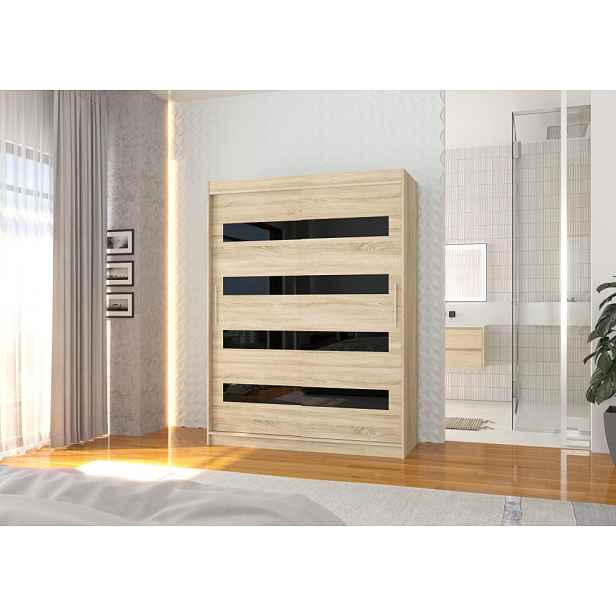 Šatní skříň s posuvnými dveřmi 150 cm DAKTIS - dub sonoma / černá