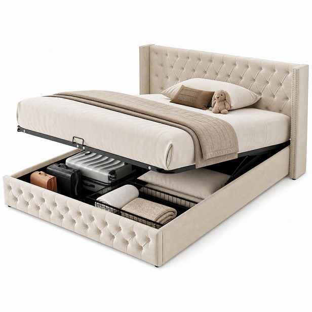 CHICFURN ČALOUNĚNÁ POSTEL 140/190 cm v béžové barvě s úložným prostorem ze sametu