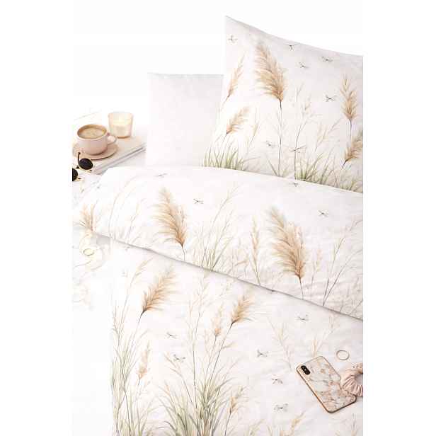 Povlečení bílá béžová zelená tráva 140x200 bavlněný letní vzor elegantní