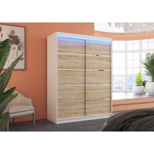 Šatní skříň s LED osvětlením 150 cm FAKRIA - bílá / dub sonoma
