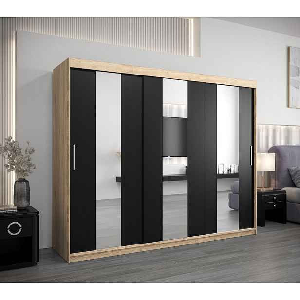 Skříň s posuvnými dveřmi DORA - šířka 250 cm, dub sonoma / černá
