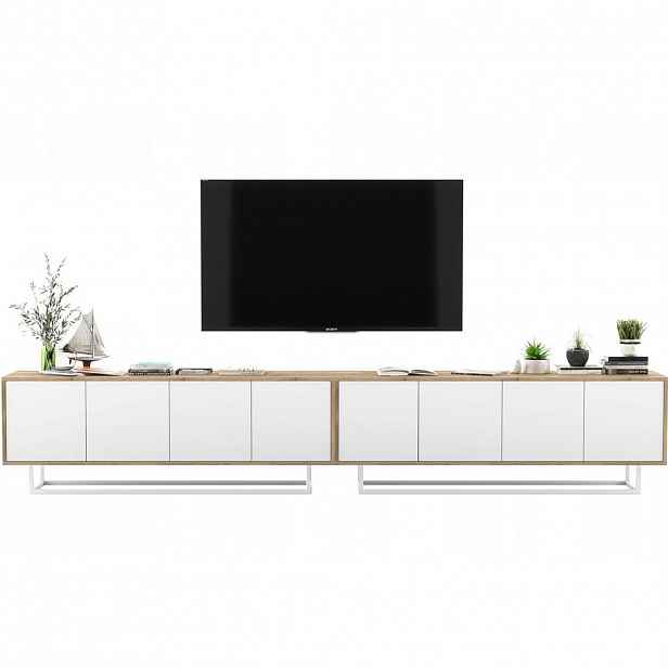 Meble Lindner SADA 2 TV stolků Apollo2 dub Wotan / bílá matná 300 cm s kovovým rámem