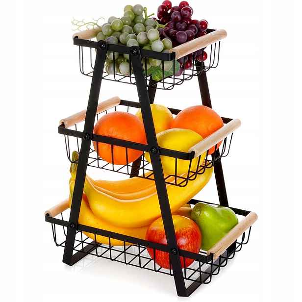Košík na ovoce kovový, černý, 3-úrovňový