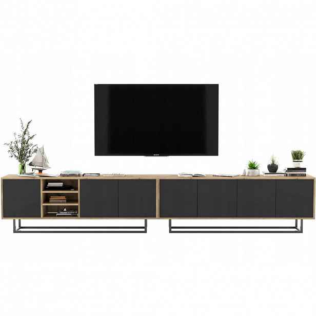 Meble Lindner SADA 2 TV stolků Apollo dub Wotan / černá matná 300 cm s kovovým rámem