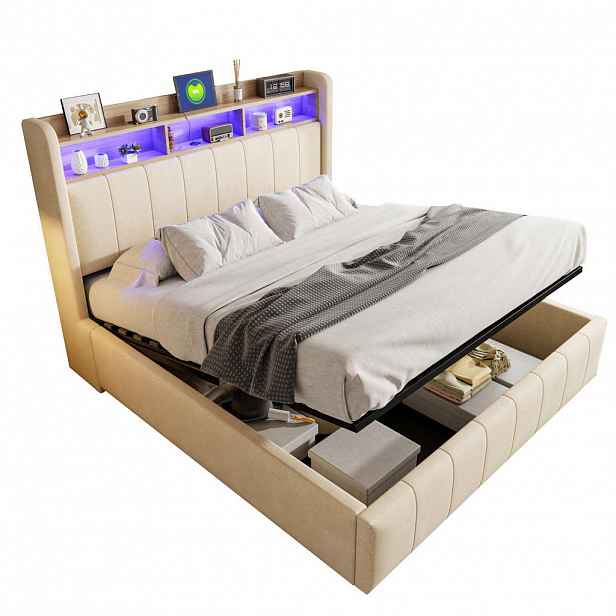 OKWISH ČALOUNĚNÁ postel 160/200 cm béžová z lněné tkaniny s LED a úložným prostorem