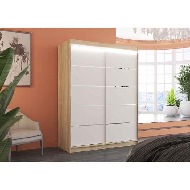 Šatní skříň s LED osvětlením 150 cm FAKRIA - dub sonoma / bílá