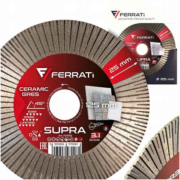 Diamantový kotouč 125 mm pro řezání a broušení dlaždic Ferrati Supra