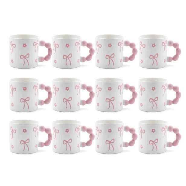 Porcelánové šálky na kávu Růžové mašličky 360 ml, sada 12 kusů s květinami