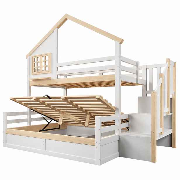 CHICFURN PATROVÁ POSTEL 90/200 cm a 140/200 cm v bílé a přírodní barvě s hydraulickým úložným prostorem