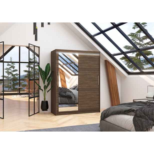Skříň se zrcadlem a LED osvětlením 150 cm DAKRIA - tmavě hnědá