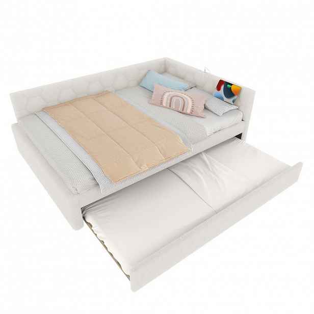 OKWISH POSTEL 140/200 cm bílá z MDF a sametové látky s výsuvným lůžkem USB a lampičkou