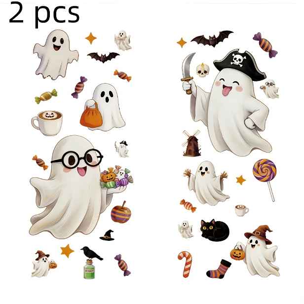 TEMU 2ks Halloween statické samolepky na okna s roztomilými vzory pirátů, duchů, dýní, bonbónů, netopýrů a pavouků, opakovaně použitelné skleněné