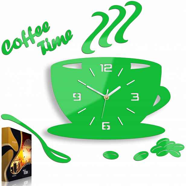 Nástěnné hodiny ve tvaru šálku Coffe Time 3D zelené Kulatý Křemenné