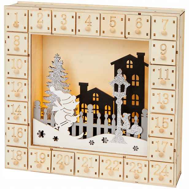 Adventní Kalendář Dřevo S Led Osvětlením Sněhulák Na Lyžích