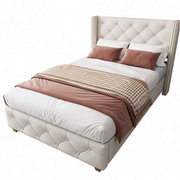 OKWISH ČALOUNĚNÁ postel 90/200 cm béžová z lnu s lamelovým roštem a knoflíkovým čelem