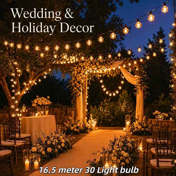 TEMU 6,5 m/11,5 m/16,5 m/26,5 m G40 LED řetězová světla venkovní terasová lampa | E12, černé linky, zemní party girlanda s žárovkami, venkovní