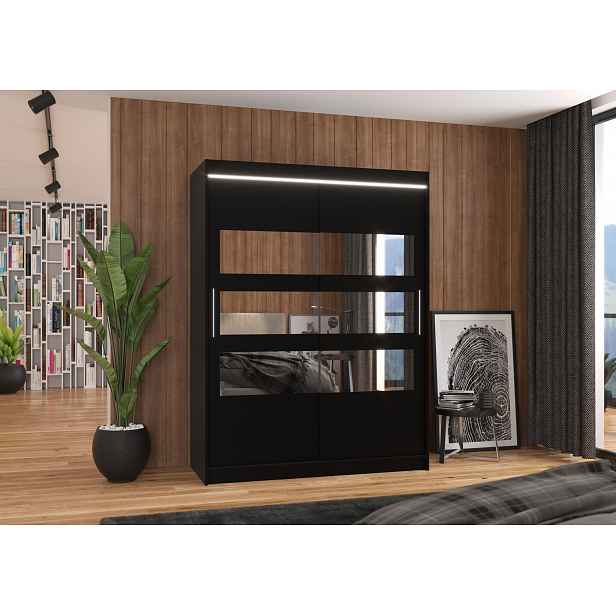 Zrcadlová šatní skříň s LED osvětlením 150 cm GAMRA - černá