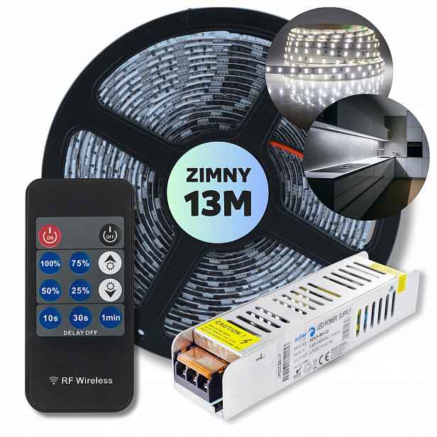 Set 13 m Led pásek Smd bílý, studený napájecí zdroj dálkový ovladač 12 V