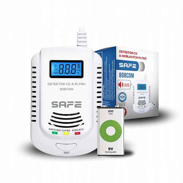Set Kombinovaný detektor Co a plynů Safe 808COM nabíjecí baterie Gp