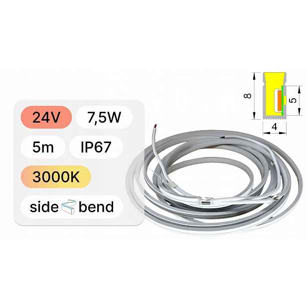 Boční neon pro zahradu 4x8mm 24V 7,5W IP67 3000K teplá barva 5 m