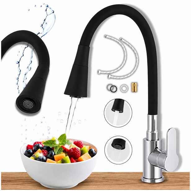 Kuchyňská baterie Černá Flex Plus Flexibilní otočný vývod Kohoutek do dřezu