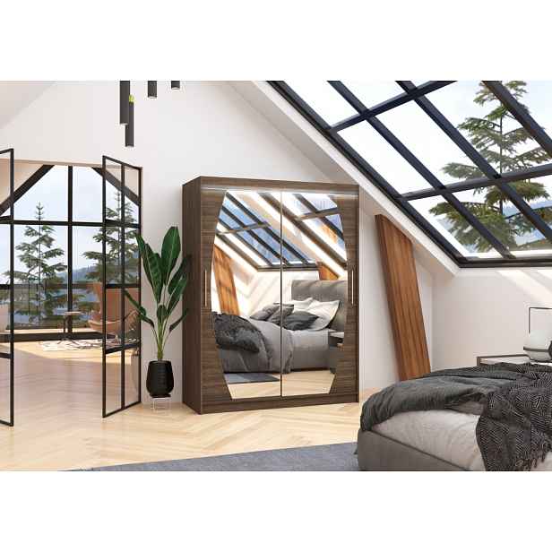 Zrcadlová šatní skříň s LED osvětlením 150 cm HABRIS - tmavě hnědá