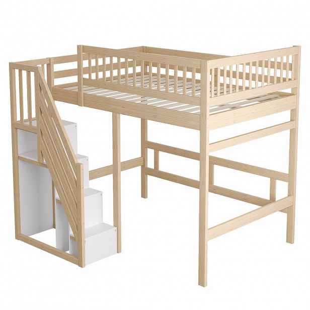 CHICFURN VYVÝŠENÁ POSTEL 140/200 cm v přírodní barvě s úložnými schody