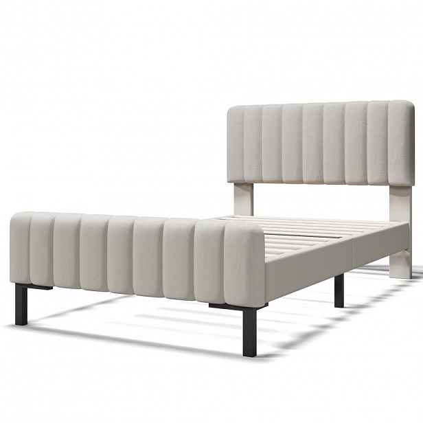 OKWISH ČALOUNĚNÁ postel 90/200 cm šedo-béžová z lnu s matrací a nastavitelným čelem