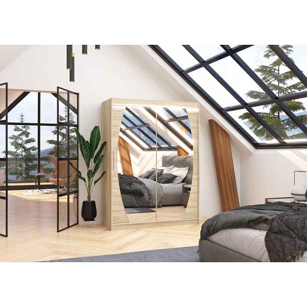 Zrcadlová šatní skříň s LED osvětlením 150 cm HABRIS - dub sonoma