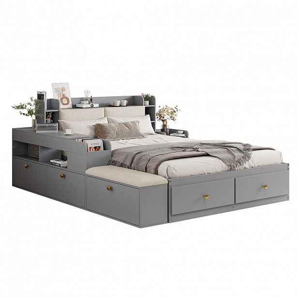 CHICFURN POSTELOVÁ SESTAVA 140/200 cm v šedé barvě s úložným prostorem a lavicí
