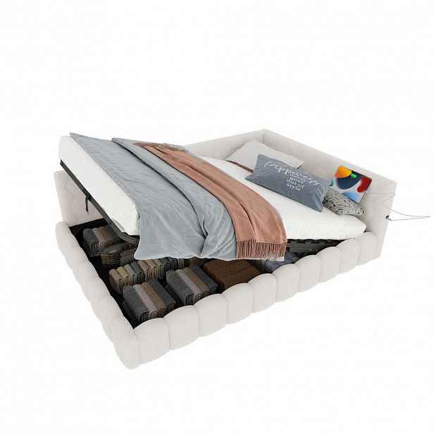 OKWISH DENNÍ postel 140/200 cm bílá z MDF a sametové látky s LED osvětlením a úložným prostorem