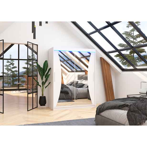 Zrcadlová šatní skříň s LED osvětlením 150 cm KABNA - bílá