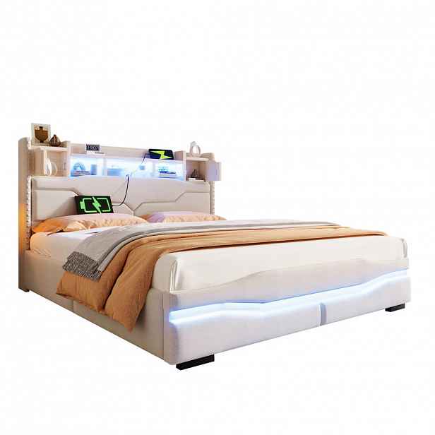 Modfu ČALOUNĚNÁ postel z lnu a MDF 160x200 cm béžová s hydraulickým úložným prostorem, LED osvětlením, USB a zásuvkou