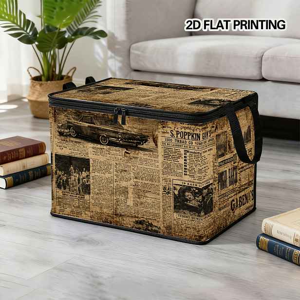 TEMU 1ks Velkokapacitní úložný box, Vintage staré noviny s efektem opotřebení 2D tištěný úložný kontejner, Skládací víceúčelový úložný koš s víkem,