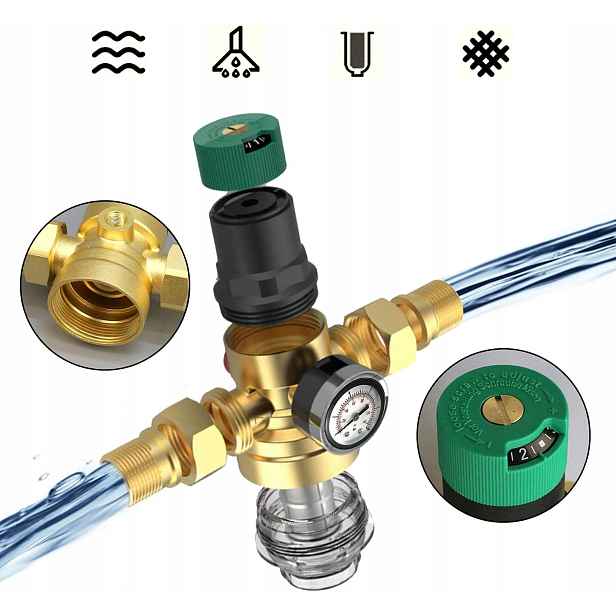Mosazný Reduktor Tlaku Vody 1" DN25 3/4" DN20 S Filtrem A Manometrem