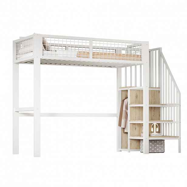 CHICFURN VYSOKÁ POSTEL 90/200 cm v bílé barvě se žebříkem, policí a skříní