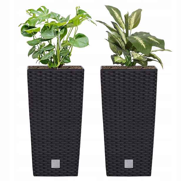 Sada 2 x Květináč Rattan vysoký 17x17x32,4 cm, vložka 3 L, antracitová barva