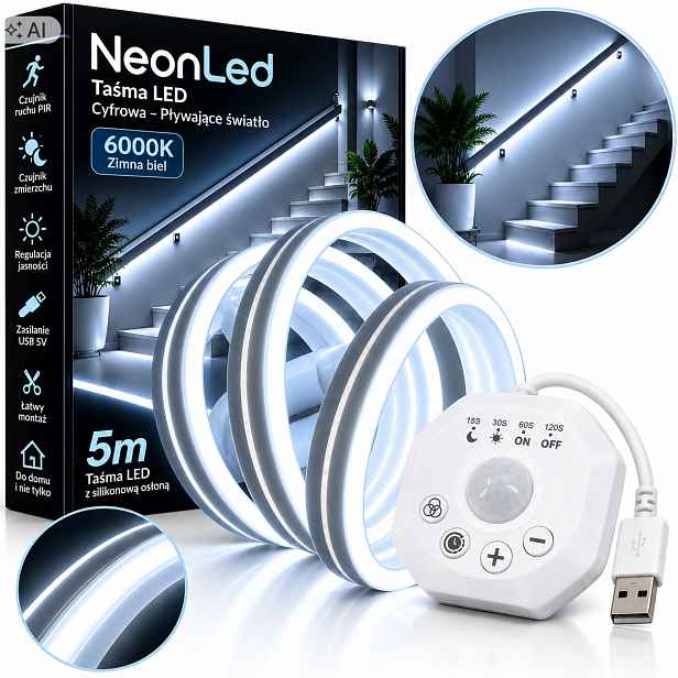 Set Led pásek Neon 5V 5 m Bílý 6000K Senzor Pohybu Soumraku Plovoucí