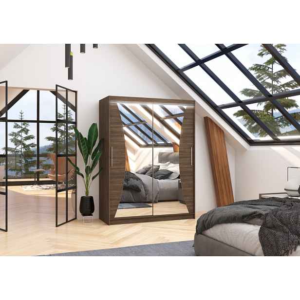 Zrcadlová šatní skříň s LED osvětlením 150 cm KABNA - tmavě hnědá