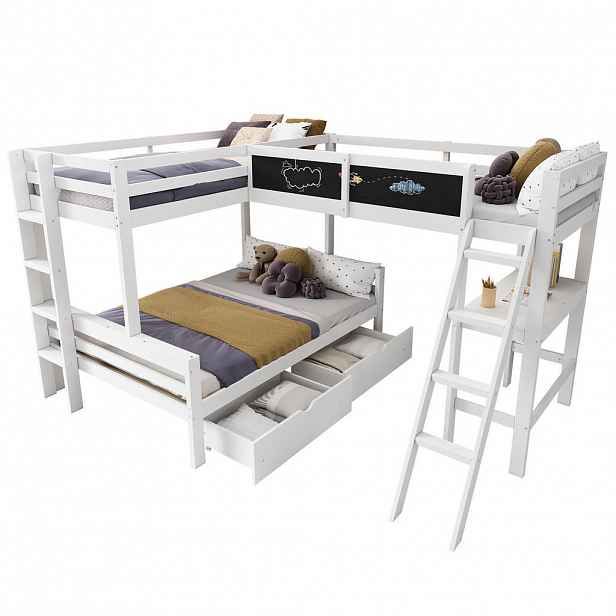 CHICFURN PATROVÁ POSTEL 140/200 cm a 2× 90/200 cm v bílé a dubové barvě se stolem a zásuvkami