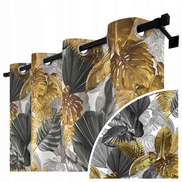 Elegantní Závěs Do Obývacího Pokoje 140x250 Závěs Šedé Zlaté Listy Oka