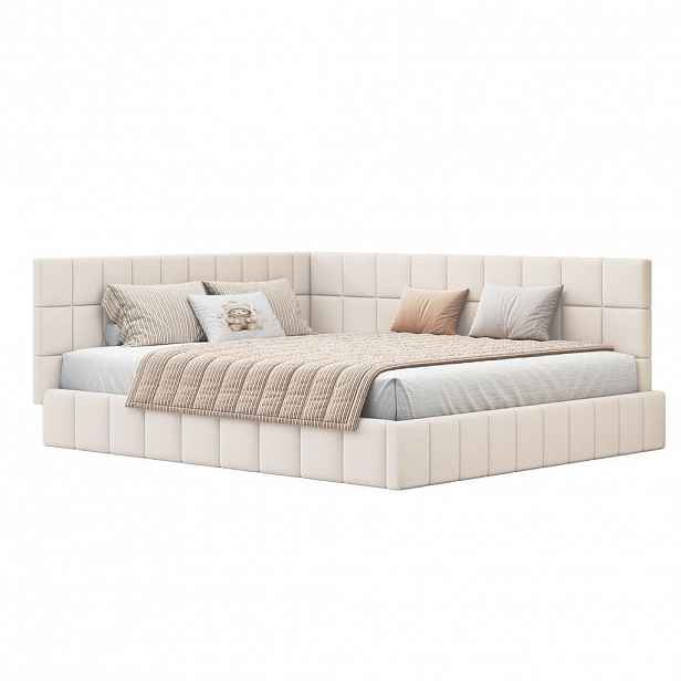 OKWISH ČALOUNĚNÁ postel 160/200 cm béžová z látky s lamelovým roštem a funkcí pohovky