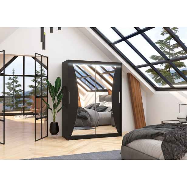 Zrcadlová šatní skříň s LED osvětlením 150 cm KABNA - černá
