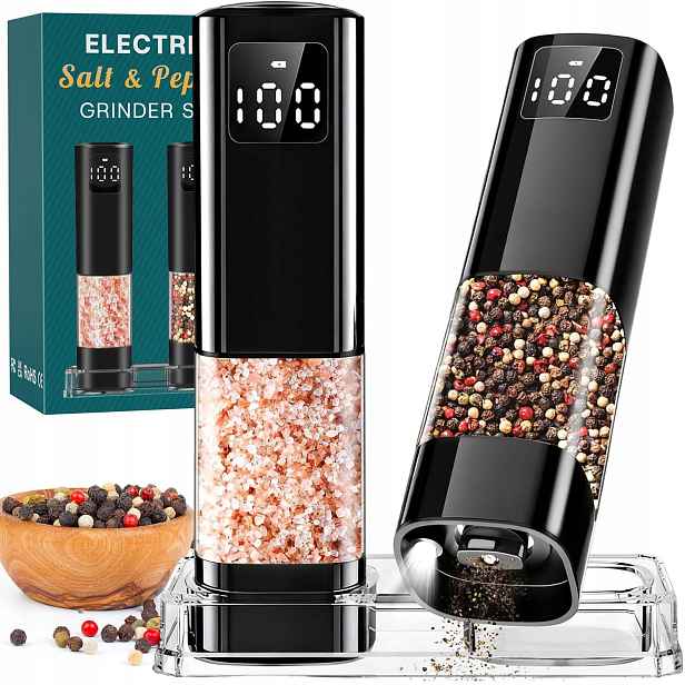 2X Elektrický Mlýnek Na Pepř A Sůl Automatický Usb Set Černý 100 ML