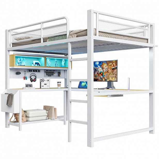 CHICFURN VYVÝŠENÁ POSTEL 140/200 cm v bílé barvě s psacím stolem, LED osvětlením a USB