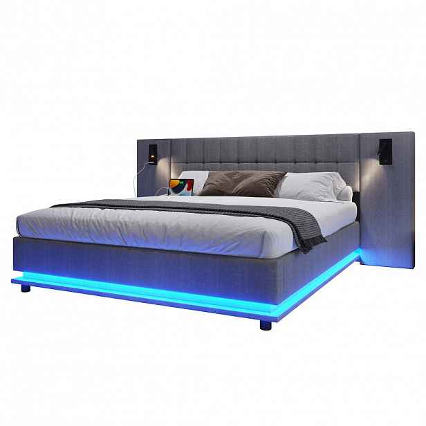 CHICFURN ČALOUNĚNÁ POSTEL 180/200 cm v šedé barvě s LED, bodovým světlem a USB
