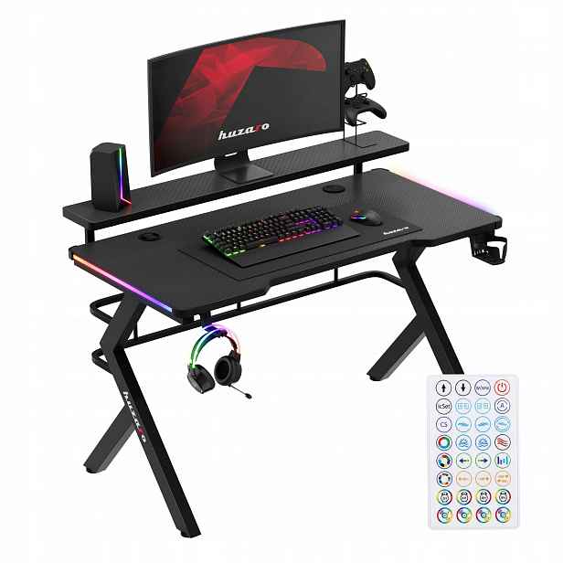 Herní stůl s nadstavcem Huzaro černý Rgb Led pro počítač a výuku