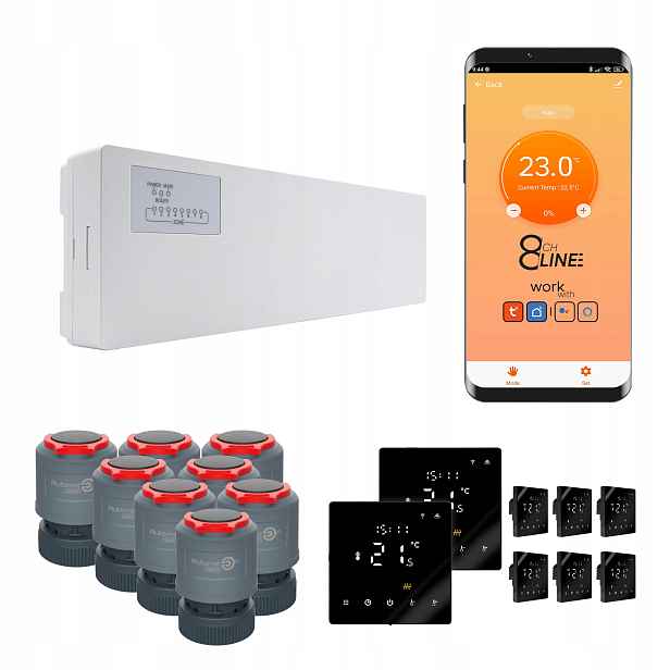 Přechodová sada pro podlouhlé vytápění Line 8 pokojů termostat PRO3 Zigbee černá
