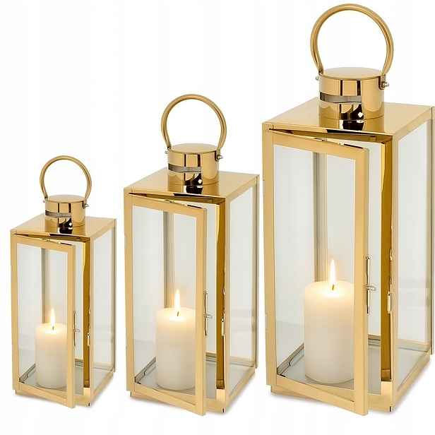 Sada 3 kusů Zlatých lampionů 63 49 38 cm zlaté lucerny